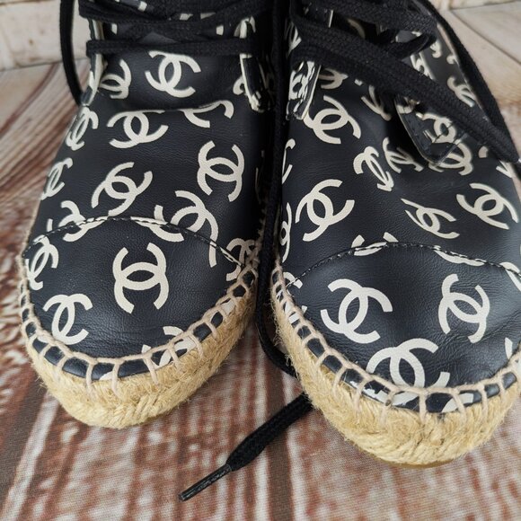 Chanel Lace-Up Espadrilles, Black and White, Size 8.5 Women - Picture 2 of 6